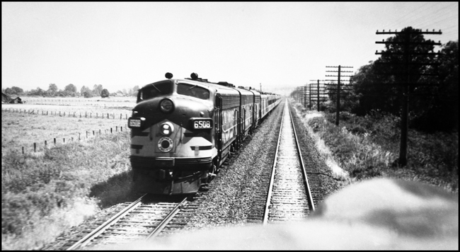 NP Train No. 408 with DE 6508 pulling train, as viewed from cab Train No. 407 with DE 6513