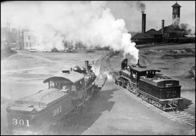 NP 301, later 387 on left and OWRR&N 72 on right at Portland Union Depot.  LWF glass negative. 