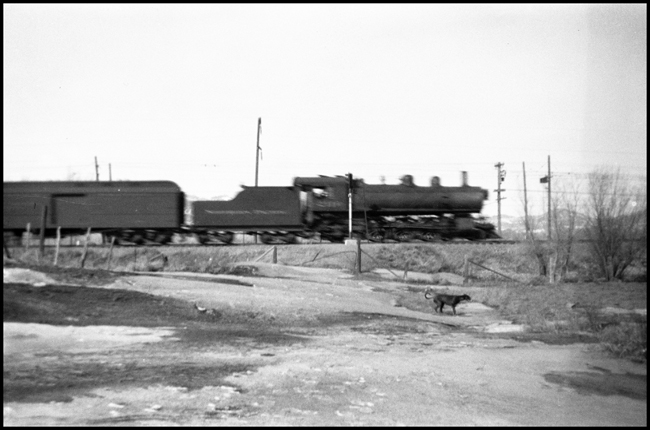 NP Q-1 locomotive pulling a passenger train near Logan, MT.