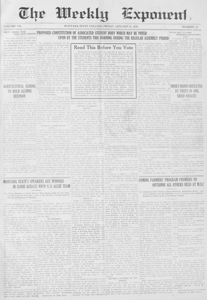 The Weekly Exponent, January 21, 1916