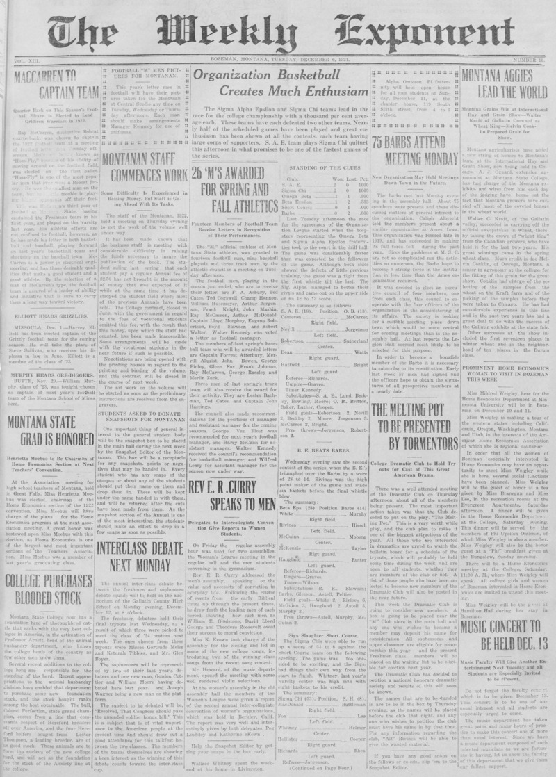 The Weekly Exponent, December 6, 1921