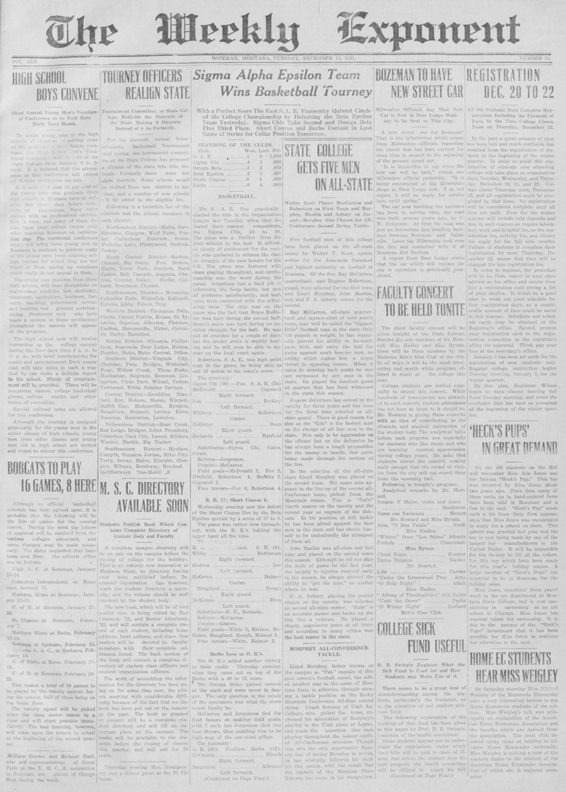 The Weekly Exponent, December 13, 1921