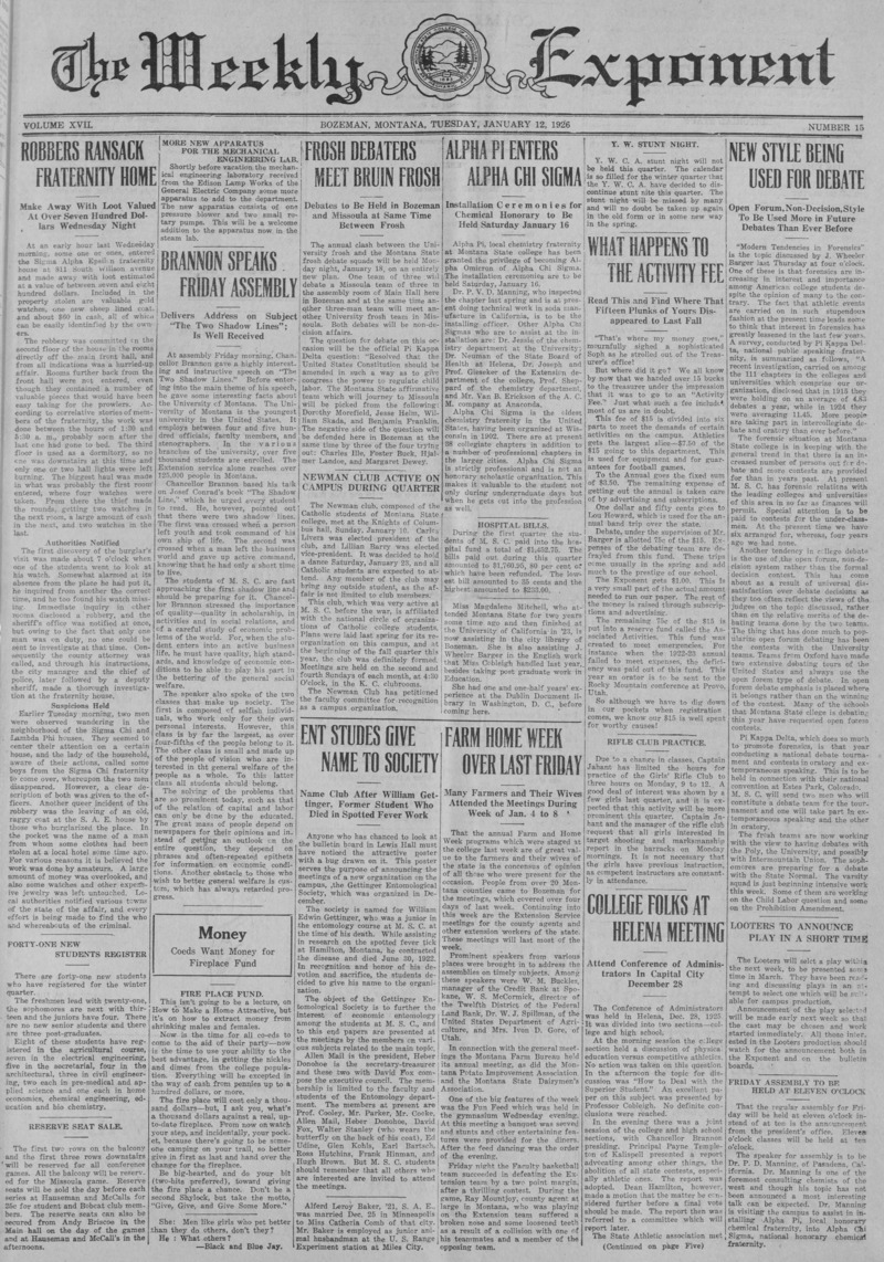 The Weekly Exponent, January 12, 1926