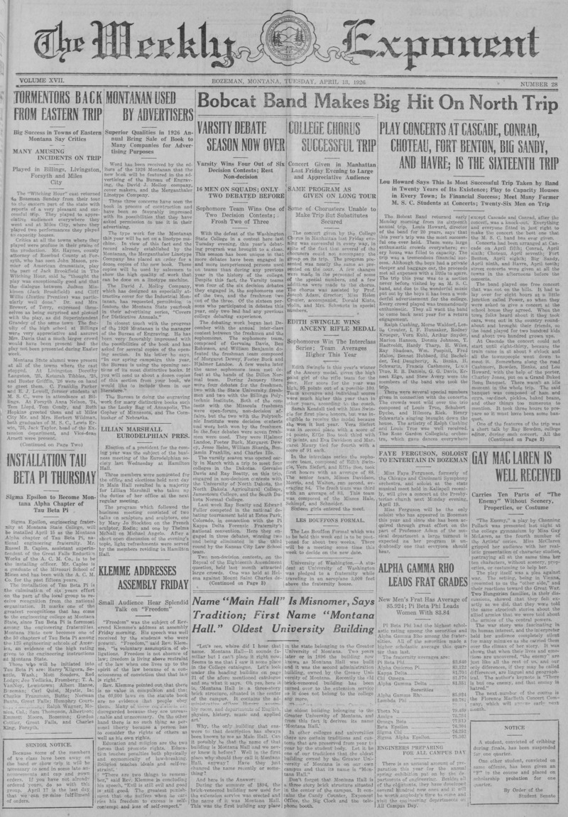 The Weekly Exponent, April 13, 1926