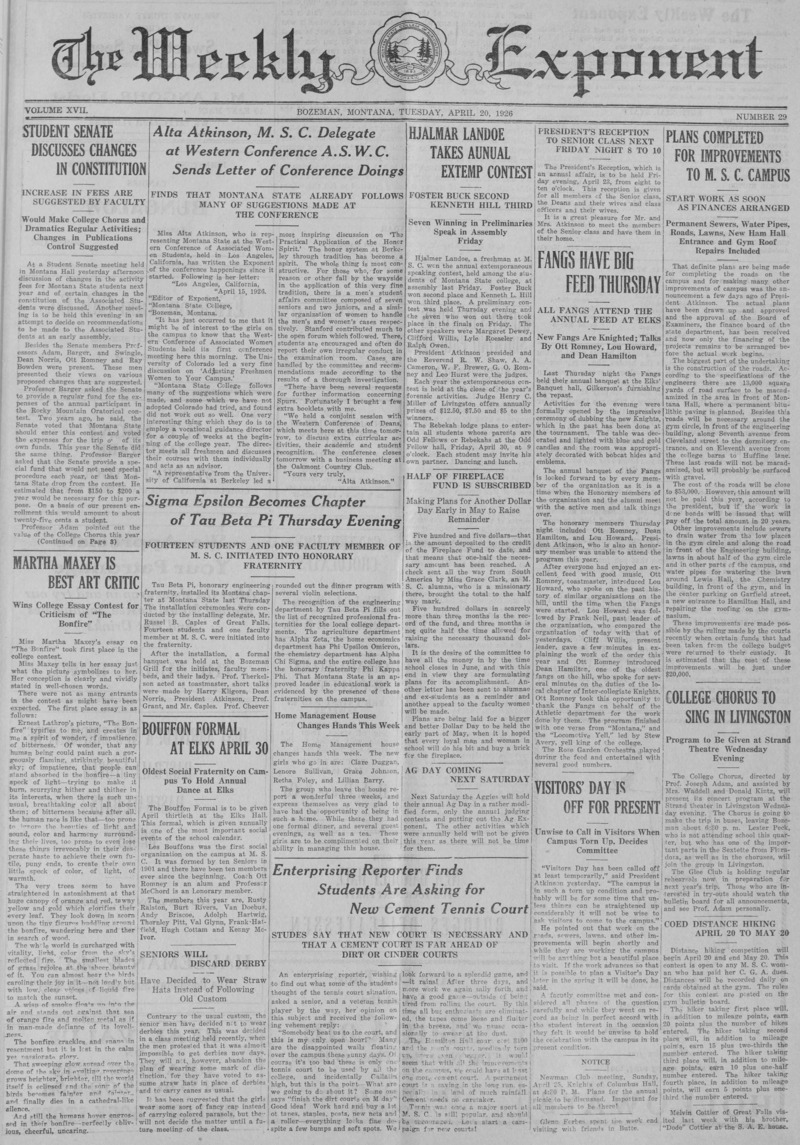 The Weekly Exponent, April 20, 1926
