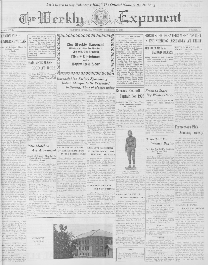 The Weekly Exponent, December 7, 1926