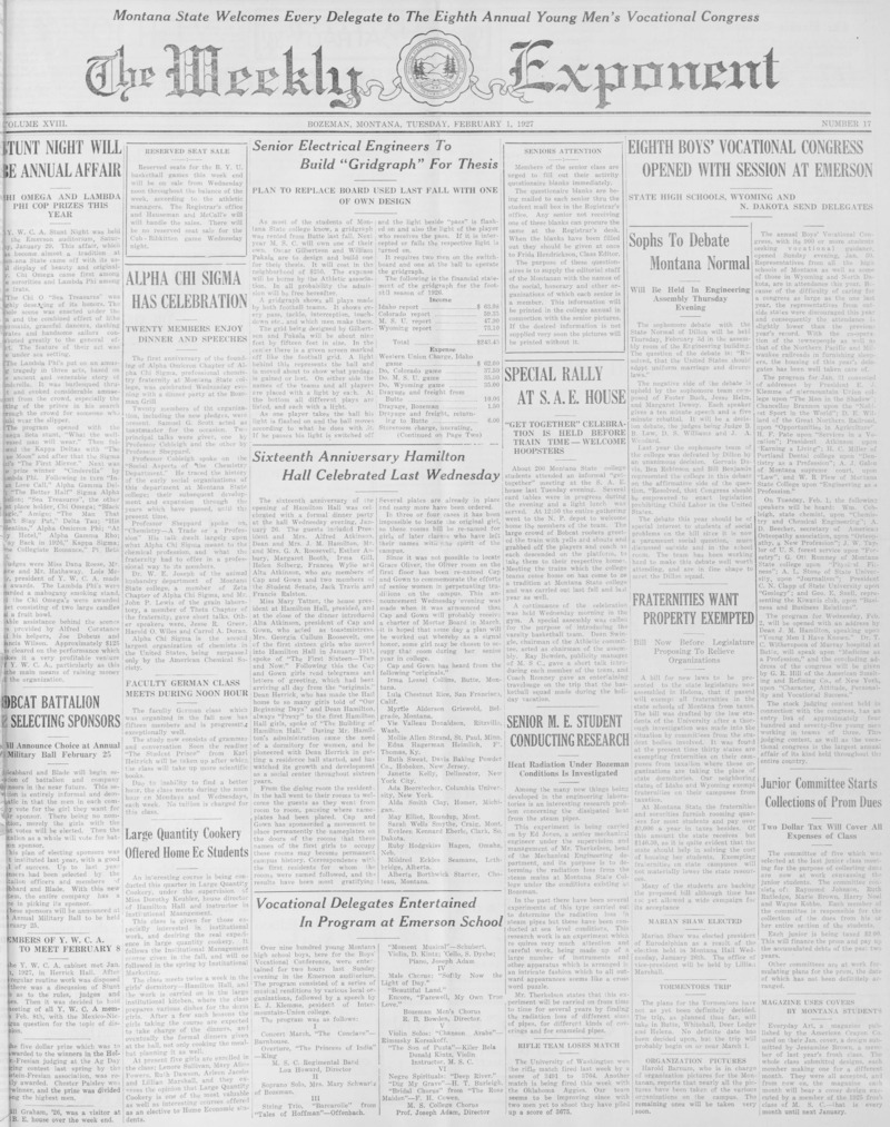The Weekly Exponent, February 1, 1927
