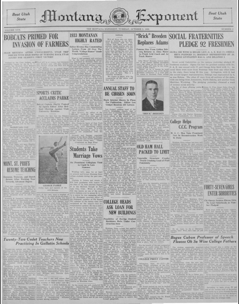 The Montana Exponent, October 3, 1933