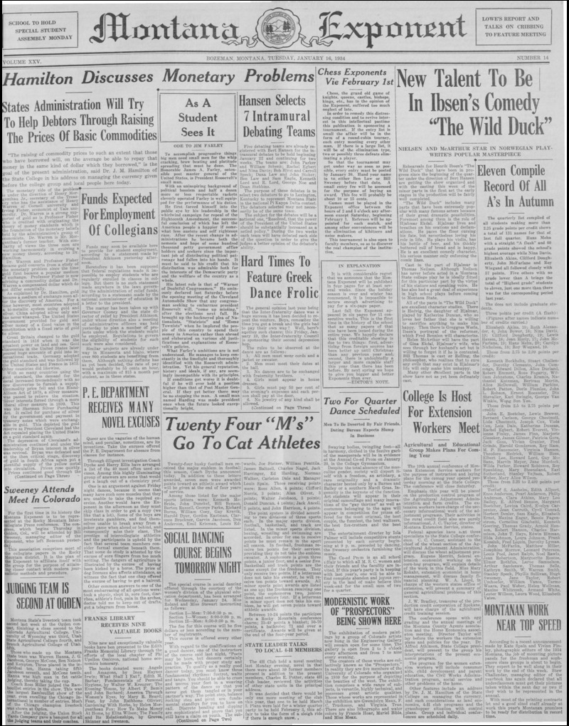 The Montana Exponent, January 16, 1934
