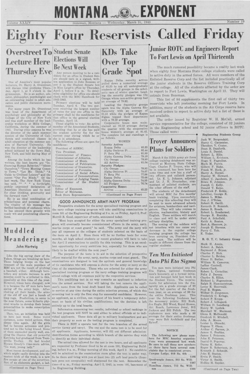 The Montana Exponent, March 31, 1943