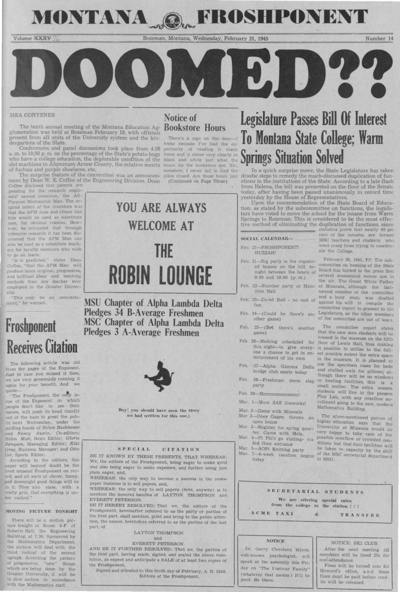 The Montana Froshponent, February 21, 1945