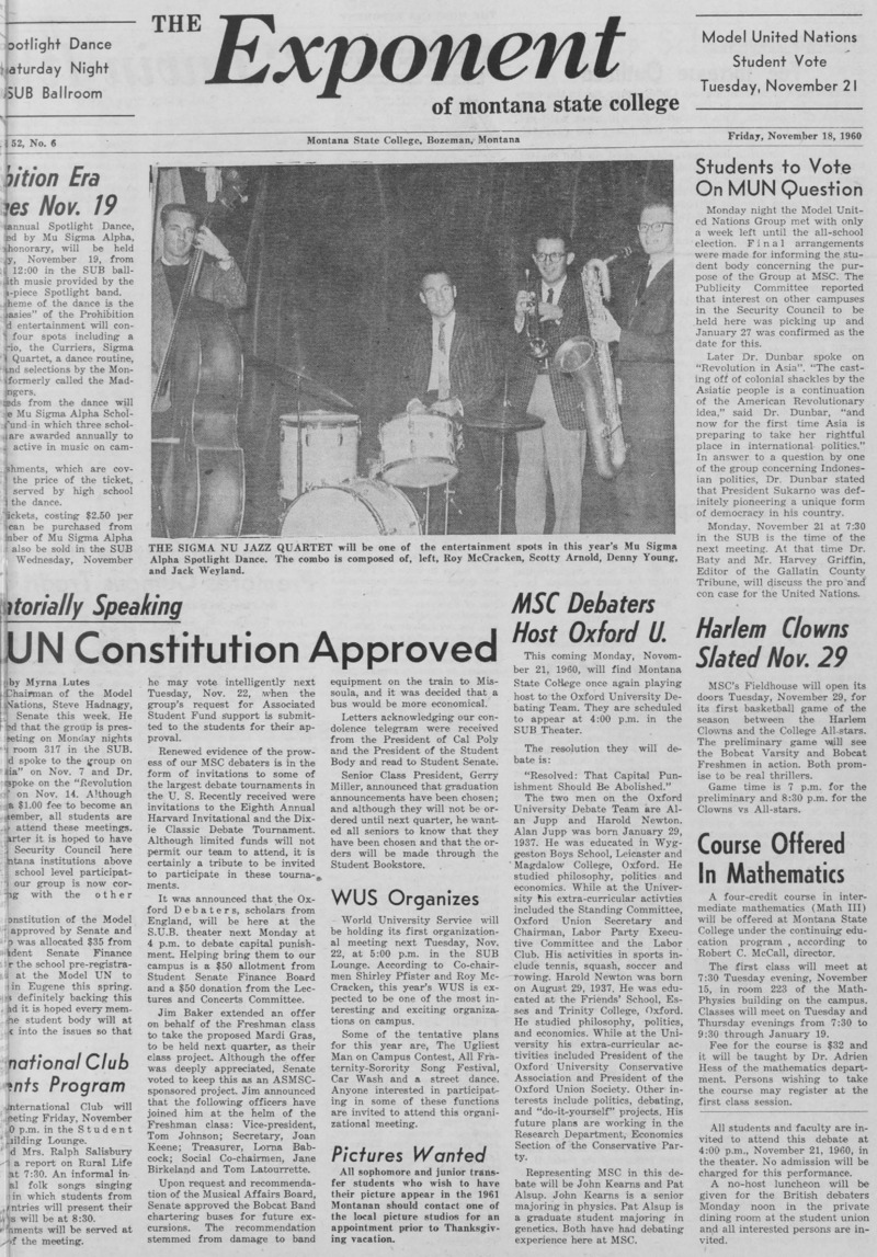 The Exponent of Montana State College, November 18, 1960