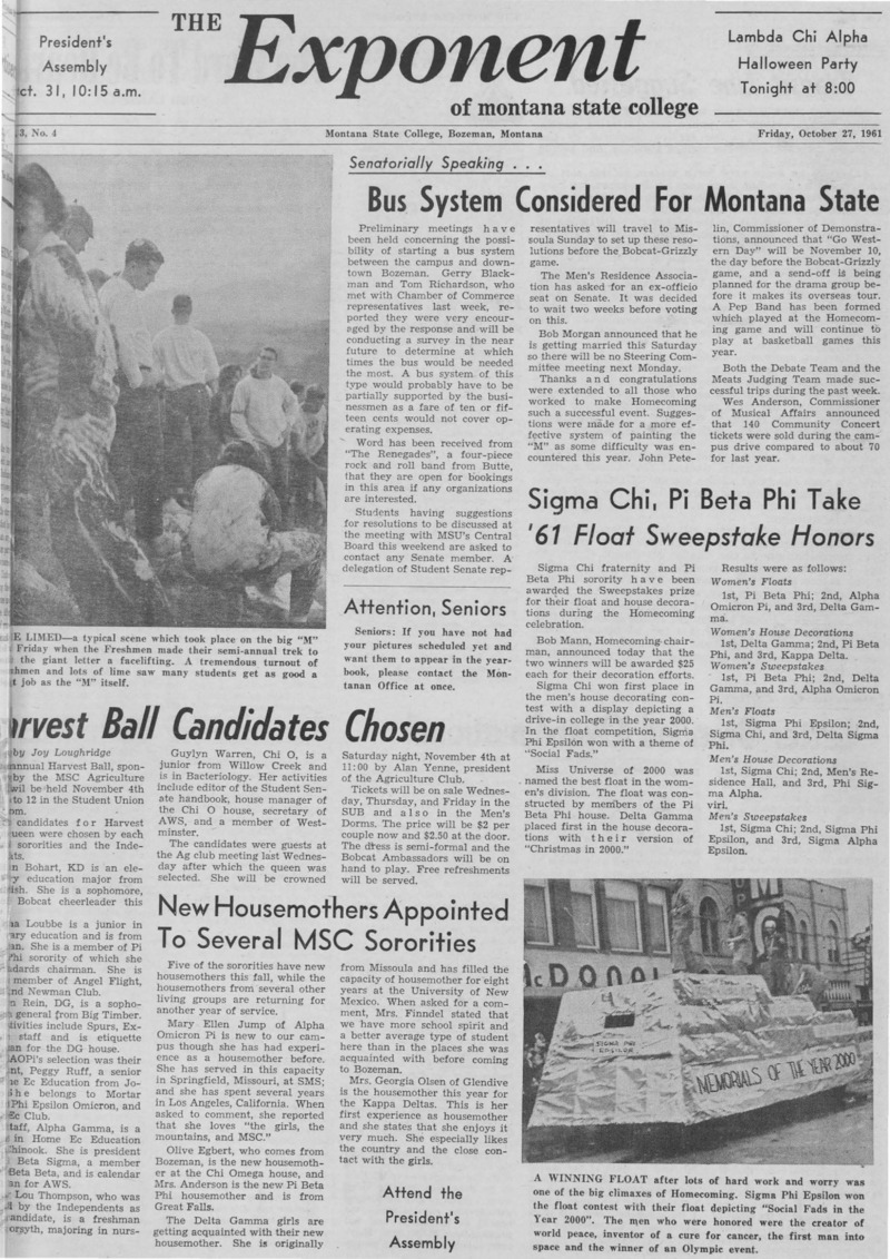 The Exponent of Montana State College, October 27, 1961