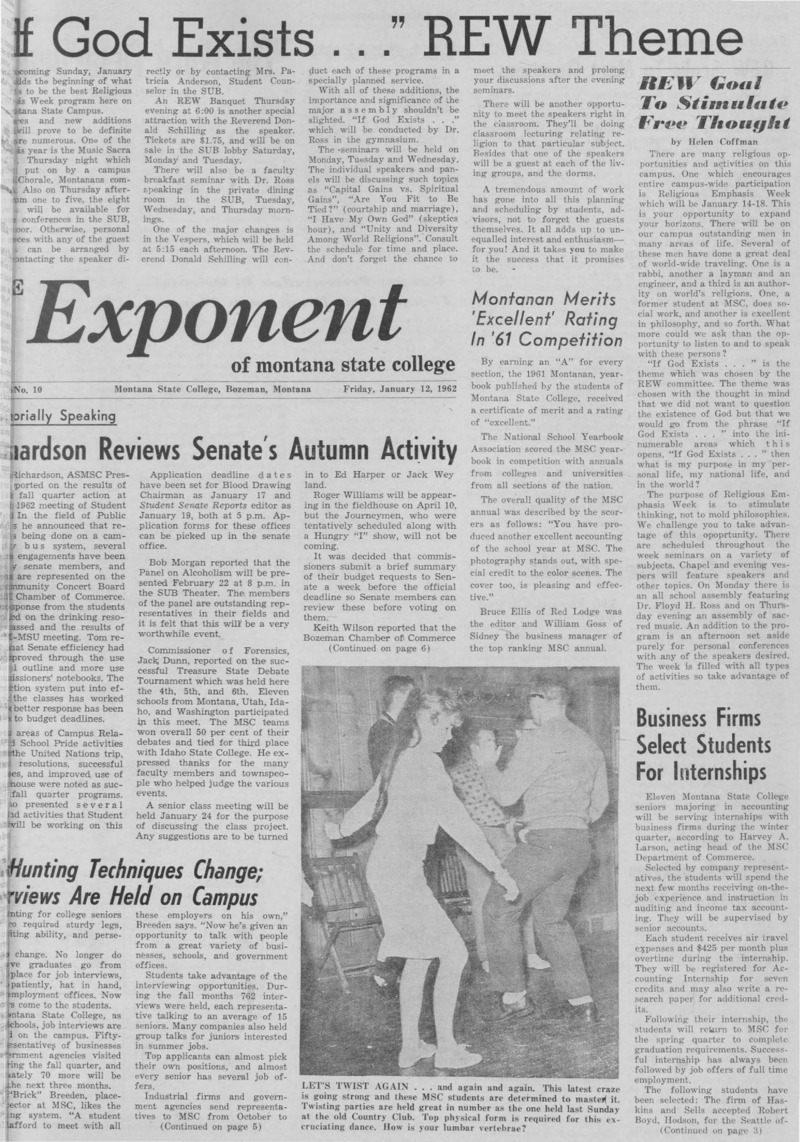 The Exponent of Montana State College, January 12, 1962