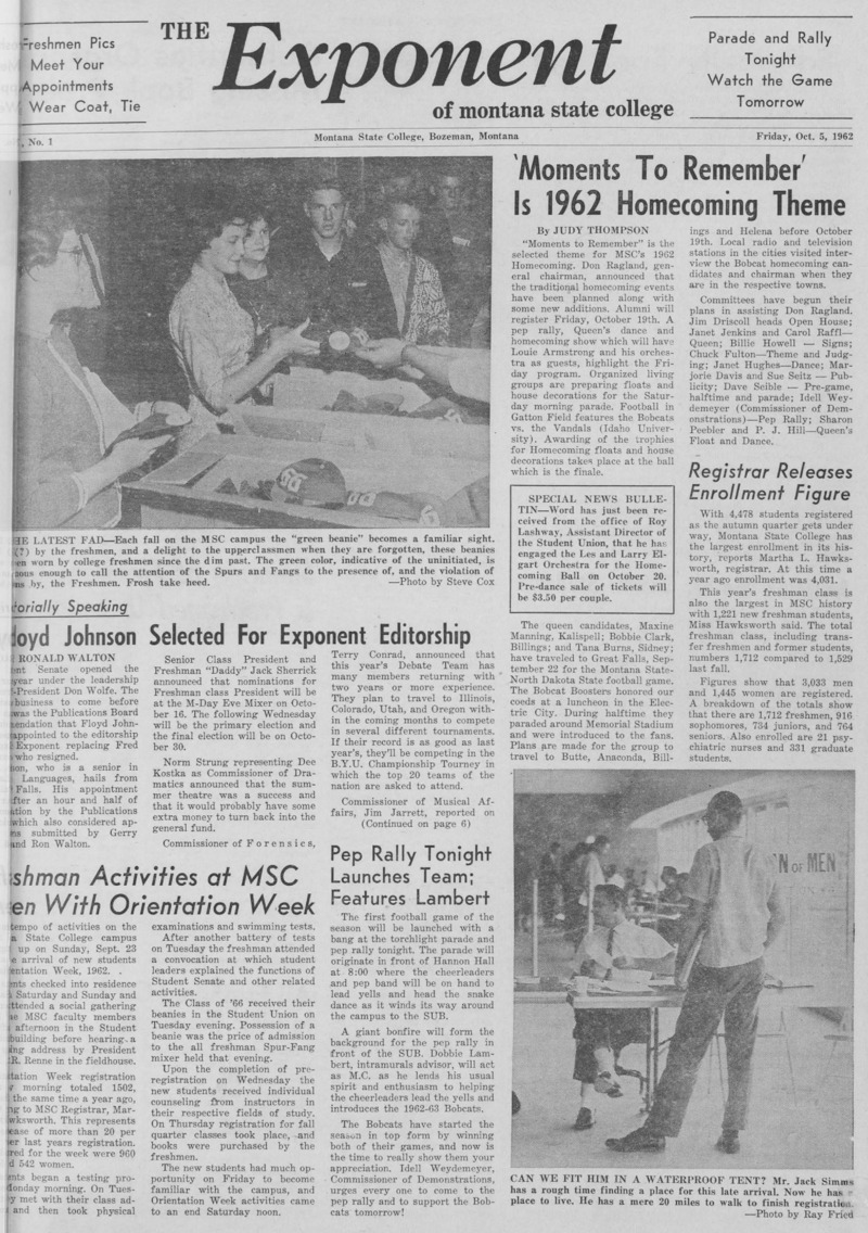 The Exponent of Montana State College, October 5, 1962