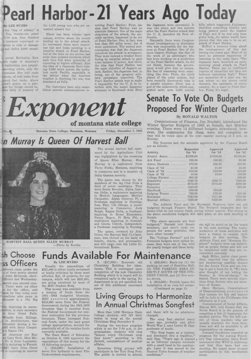 The Exponent of Montana State College, December 7, 1962