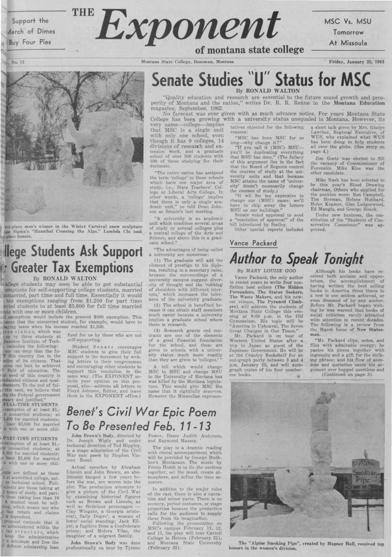 The Exponent of Montana State College, January 25, 1963