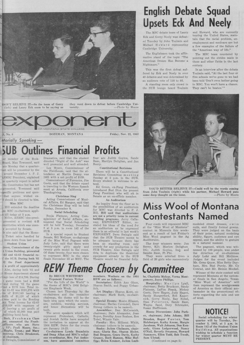 The Exponent of Montana State College, November 22, 1963