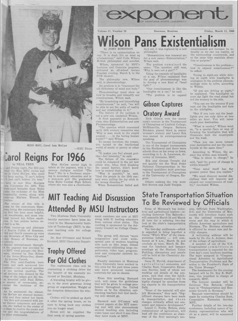 The Exponent of Montana State University, March 11, 1966