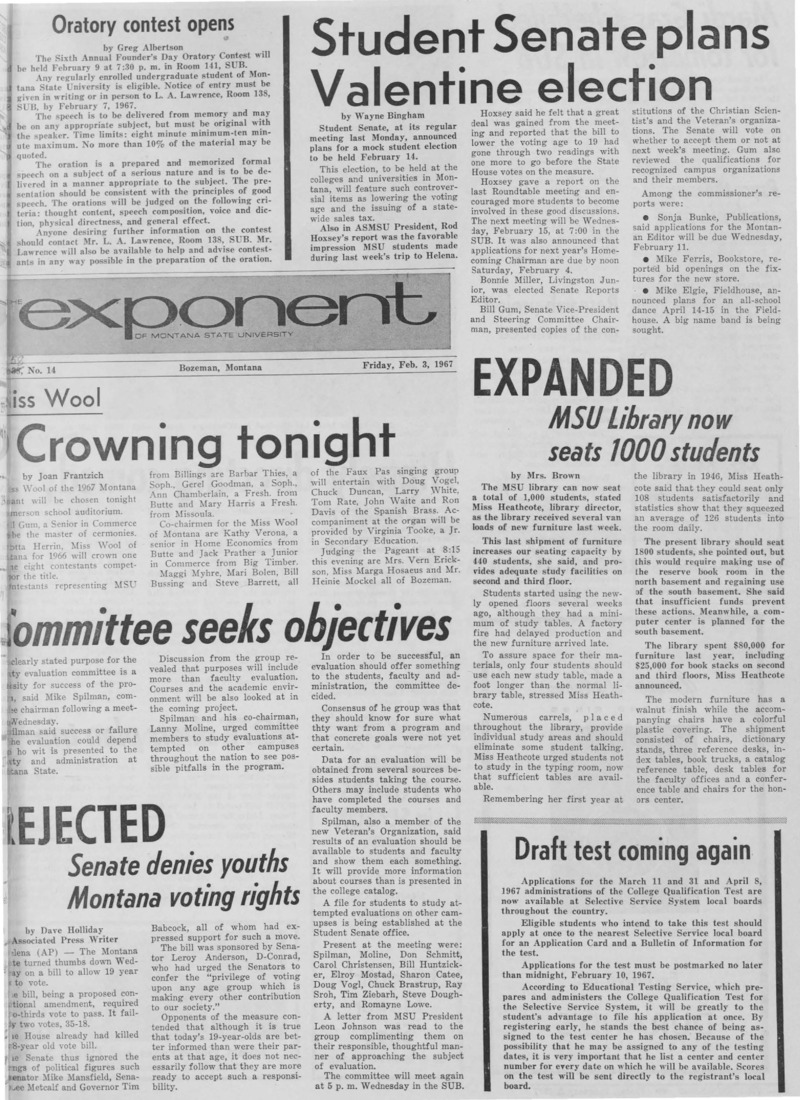 The Exponent of Montana State University, February 3, 1967