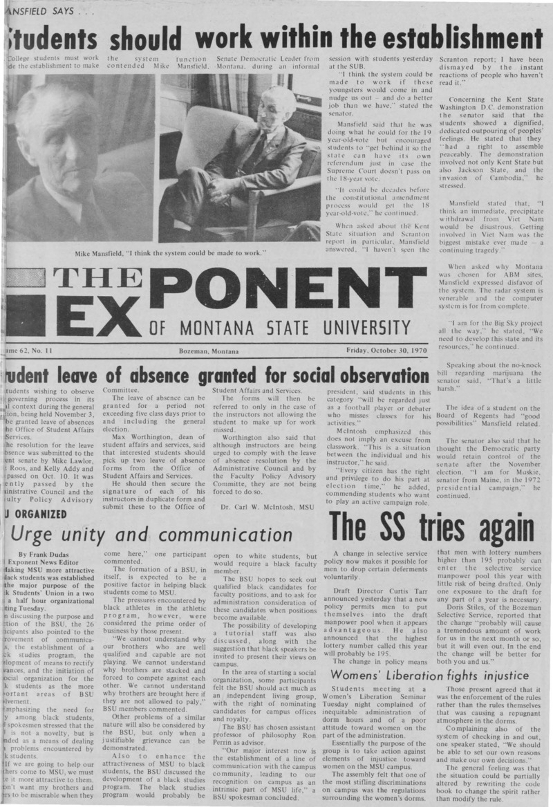 The Exponent of Montana State University, October 30, 1970