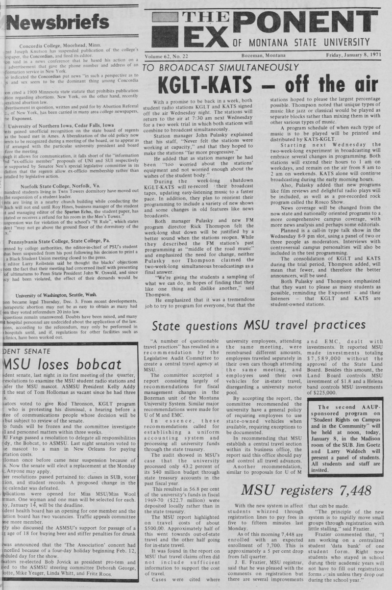 The Exponent of Montana State University, January 8, 1971