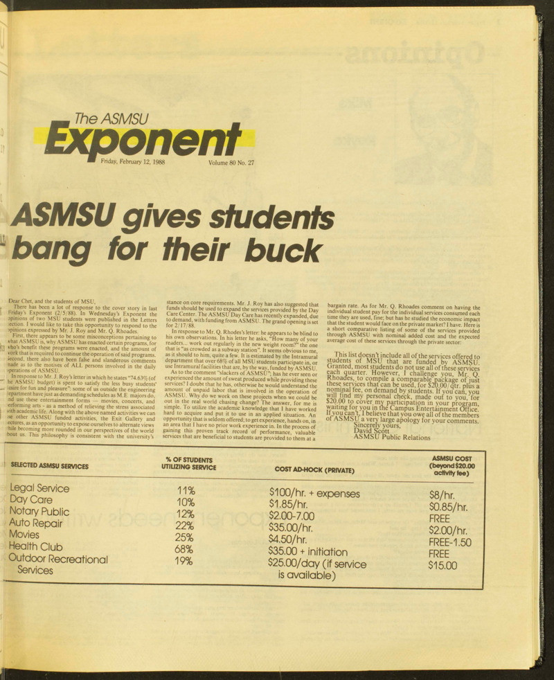The ASMSU Exponent, February 12, 1988
