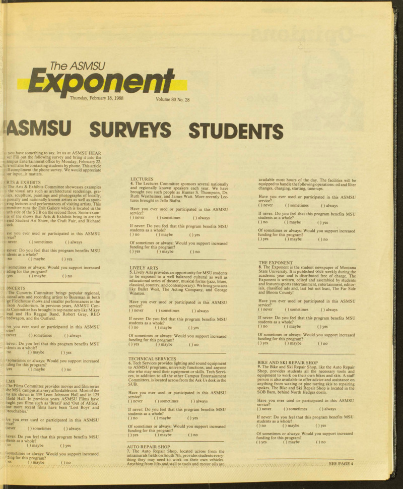 The ASMSU Exponent, February 18, 1988