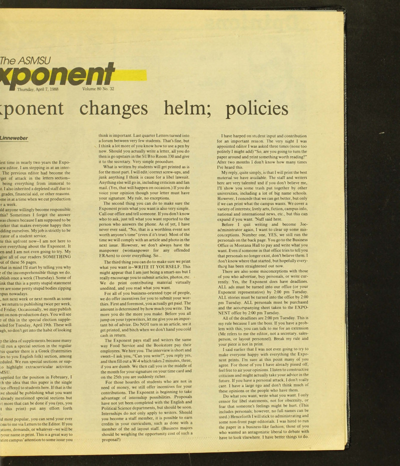 The ASMSU Exponent, April 7, 1988