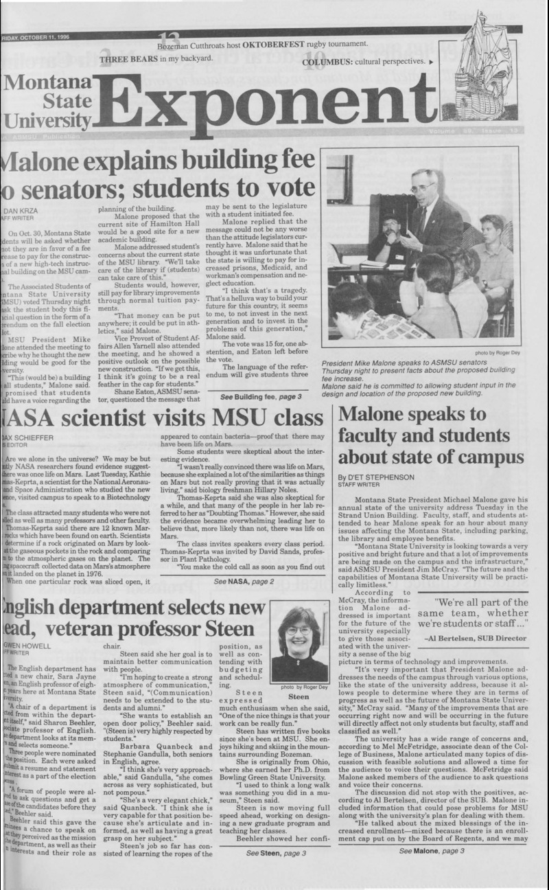 Montana State University Exponent, October 11, 1996