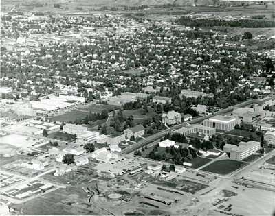 Aerial view of Montana State College Campus, with the surrounding town of Bozeman.