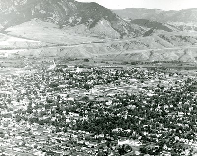 Aerial view of Bozeman, MT with the Bridgers in the background