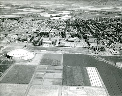 Aerial view of Montana State College Campus with the fieldhouse in left bottom corner