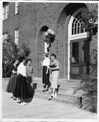Students in front of Herrick Hall, 1956