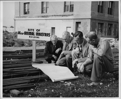 Four unidentified men looking at blueprints for the new Animal Industries building.