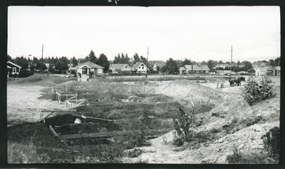 Breaking ground with horses for the construction of the Atkinson Quadrangle, 1934