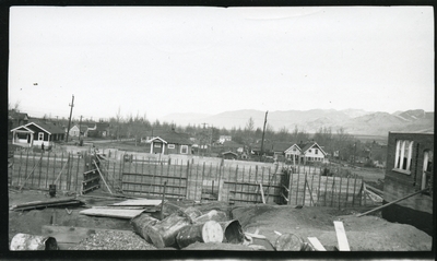 Construction of the outside walls of the Atkinson Quadrangle, looking north, 1934
