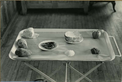 Food on a mobile tray, Domestic Science lab, 1945