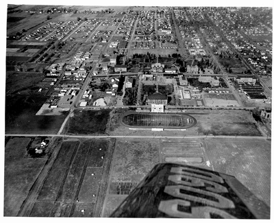 Aerial view of Montana State University and the city of Bozeman, taken from the south, 1952