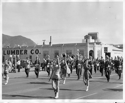 Montana State College marching band in a parade