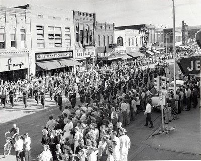 Homecoming Parade down main street in Bozeman, Montana, 1954