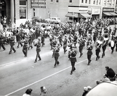 The marching band in the Homecoming Parade, 1954