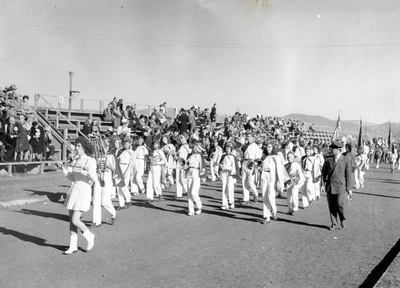 The marching band during the homecoming game, 1947