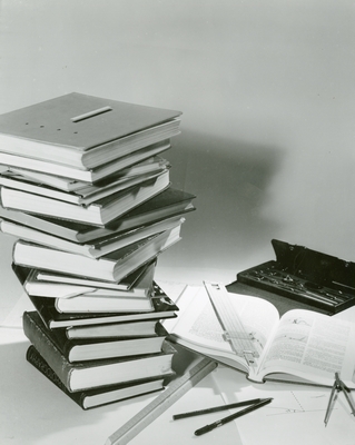 Stack of books during High School Week, 1960