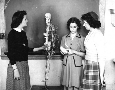 Three students examine a skeleton during High School Week