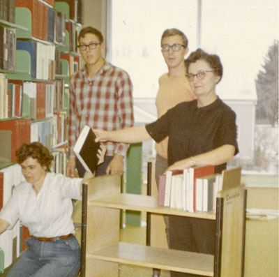 Marian Stephens and Minnie Paugh during the library move, November 1966