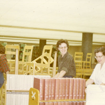 Marian Stephens, Alice McClain and Margret Mackin during the library move, November 1966