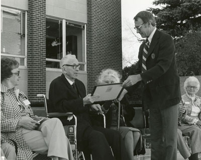 Alice McClain, A.L. Strand, Mollie Strand, Pres. Tietz and Mildred Leigh at the dedication of the Strand Union and Renne Library, 1978
