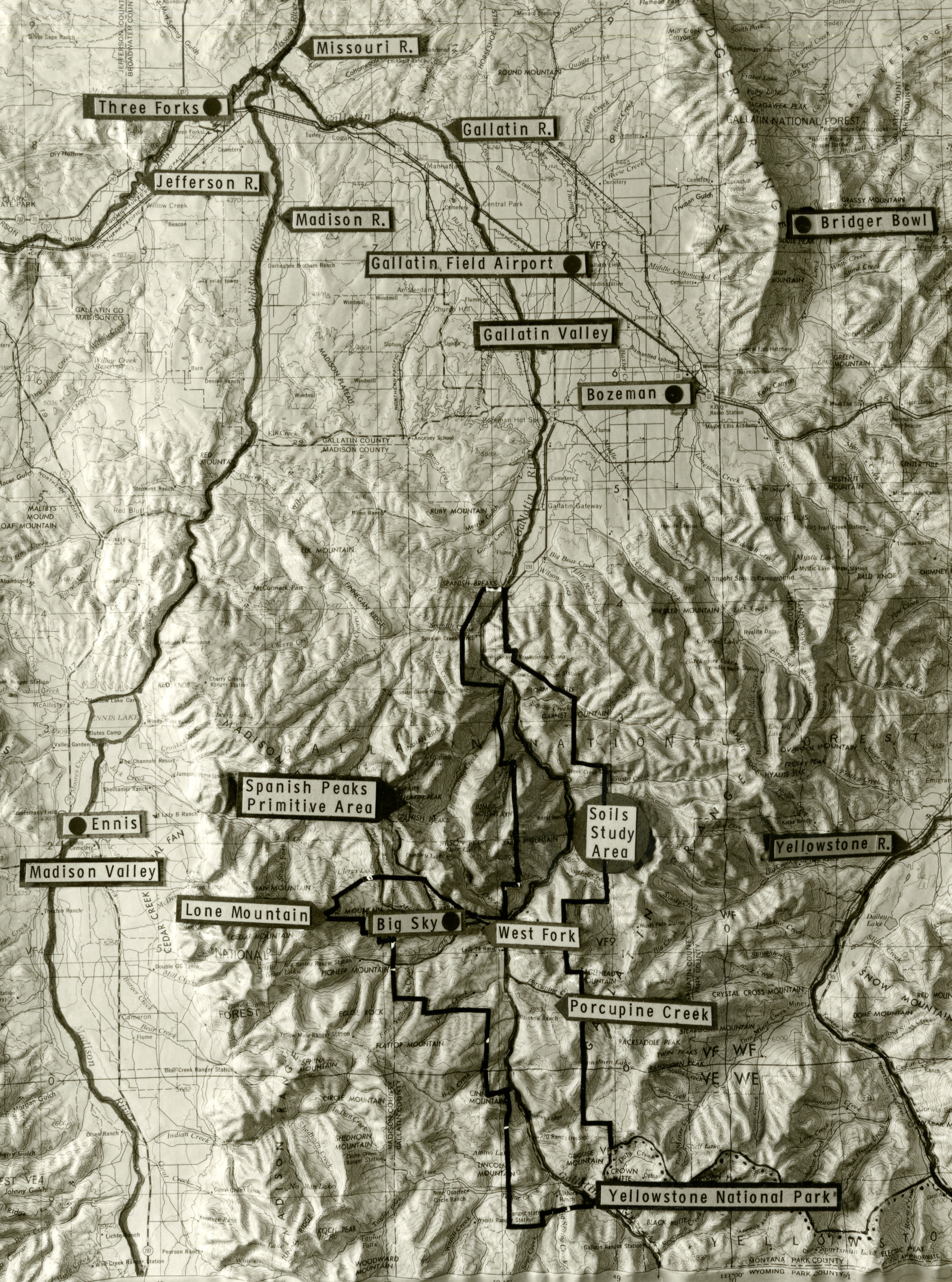 Topographical map of the Gallatin Valley, part of the Gallatin Study Photos