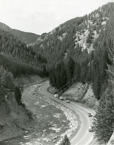Cars driving along the Gallatin River, part of the Gallatin Canyon Study Photos